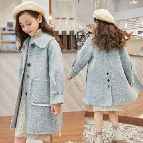 Children Girl Wool Coat Blends Jacket For Autumn 2021 New Fashion Single-Breasted Turn Collar Big Pockets Solid Girls Coats