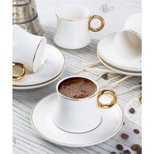 Porcelain Cream Coffee Cup Luxury Set Of 12 Quality Oval Pattern Turkish Coffee Tea Cups with Saucers Decorative Kitchenware Set