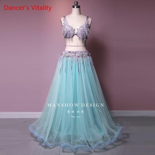 Custom Made New Belly Dance Suit Women Adult Children High-End Costumes Tassel Feather Gauze Suit
