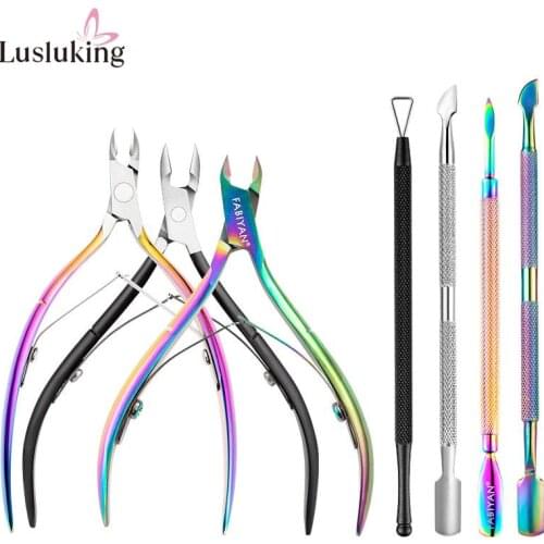 Rainbow Stainless Steel Nail Art Tools Cuticle Spoon Pusher Dead Skin Fork Gel Remover Nipper Tweezer Pedicure Manicure Set