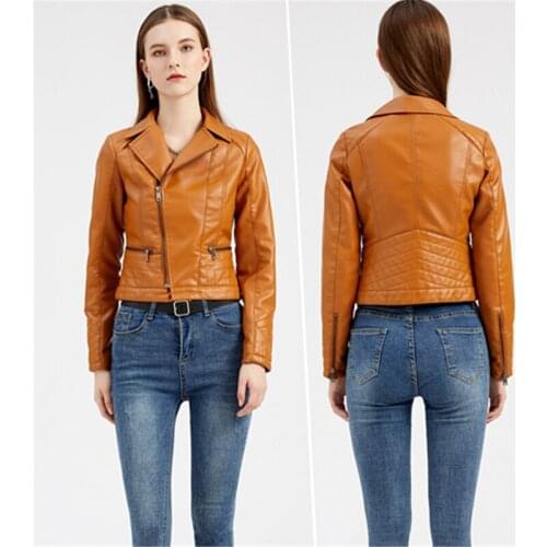 2021 Spring Autumn Fashion New Short Lapel Long Sleeve Zipper Slim Thin Leather Jacket Motorcycle Suit Female Trend H113