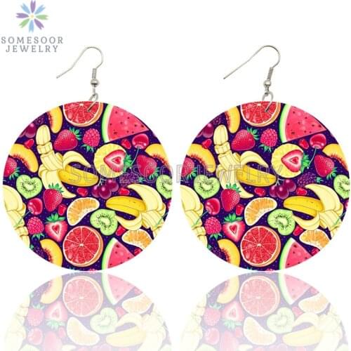 SOMESOOR Summer Bohemian Fruits Design Wooden Drop Earrings Strawberry Orange Pattern Print Loops Dangle Jewelry For Women Gift
