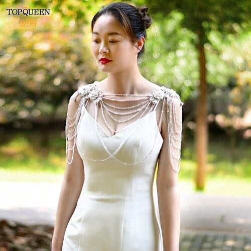 TOPQUEEN G30 Beaded Cape Bolero Woman Big Size Multilayer Tassel Shoulder Chain and Chest Chain Bride Top with Lace Flowers