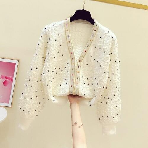 2020 Autumn and Winter Korean Sweater Womens Heavy Manual Beaded V-neck Long-Sleeve Knit Cardigan Female Casual Sweaters Coat
