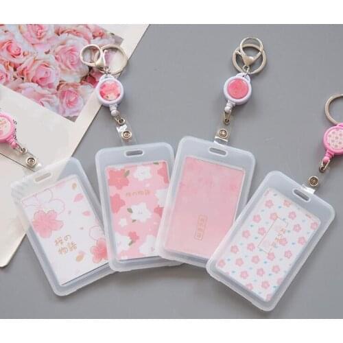 Cherry Blossom Transparent Badge with Retractable Keychain ID Card Pass Hang Rope Lariat Plastic Card Box Girl Gift Keychain