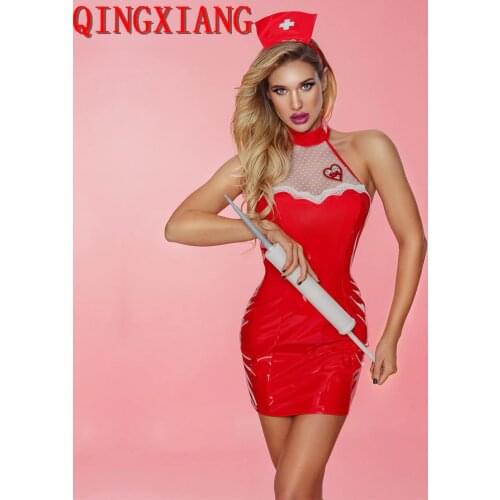 Sexy Women Red Nurse Lingerie Uniform Faux Leather Dress With Hat Necklace Panties 3 Pieces Tulle Halter Cosplay Costume