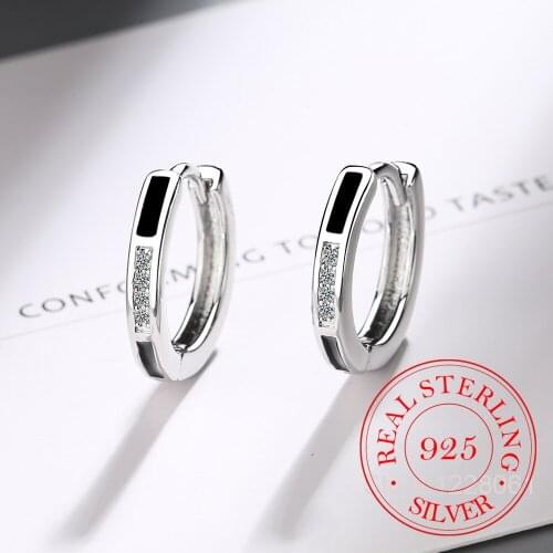 Real 925 Sterling Silver Black Drop Glaze Round Hoop Earring Mosaic Cubic Zircon Earrings For Women Wedding Party Jewelry Gifts