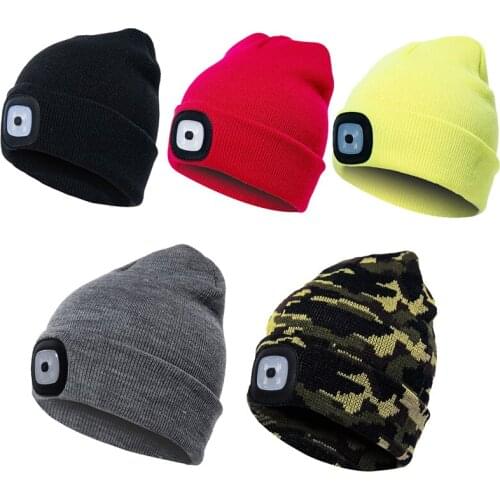 LED Lighted Beanie Cap Unisex Autumn Winter Knitted Hat Hunting Camping Hat Beanie Flash Headlight Climbing Running Caps