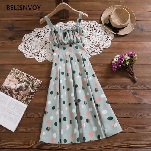 Summer Chic Polka Dot Printed Sundress Women Chiffon Elegant Dresses Female High Waist Spaghetti Strap Dress Mujer Vestidos