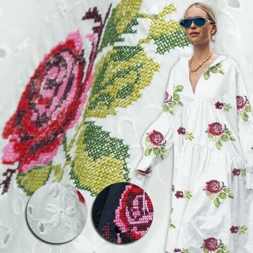 Double embroidery rose pattern hollow pure cotton fabric, white and navy, sewing for dress, skirt, curtain, craft by the yard