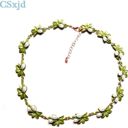 CSxjd Vintage necklace jewelry green of the lacquer that bake leaves Imitation pearl Retro necklace Women wedding necklace