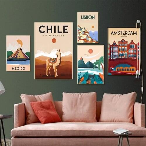 Nordic Vintage Travel Cities Poster Chile Amsterdam Mexico Minimal Beach Landscape Art Canvas Painting Wall Picture Home Decor