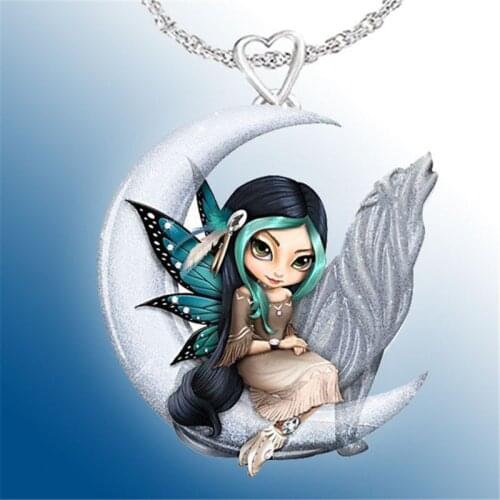 Wolf and Girl Fairy Tale Necklace Exquisite Moon Fairy Resin Fashion Jewelry