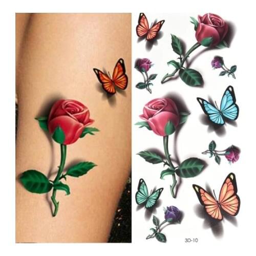 Temporary Tattoo Sticker Female Body Art Tattoo 3D Tattoo Sticker Butterfly Rose Flower Feather Waterproof Tattoo Halloween Gift