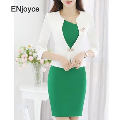 Spring Summer Women Sets White Slim White Blazer and Green Dress Two Pieces Set Office Ladies Work Wear Business Uniform