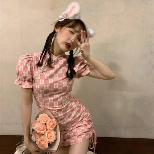 Herstory Womens Fashion Puff Sleeve Plaid Cheongsam Modern Young Girl Chinese Style Sweet Cute High Waist A-line Dress