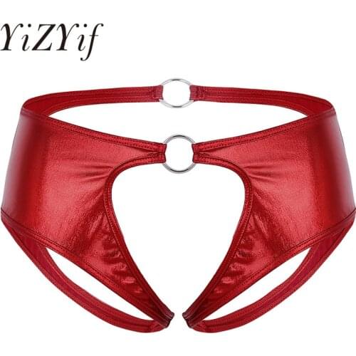 Women sexy Lingerie Femme Soft Faux Leather Crotchless Jockstrap Low Rise Briefs Underwear Open Crotch Sexy Panties with O-Rings
