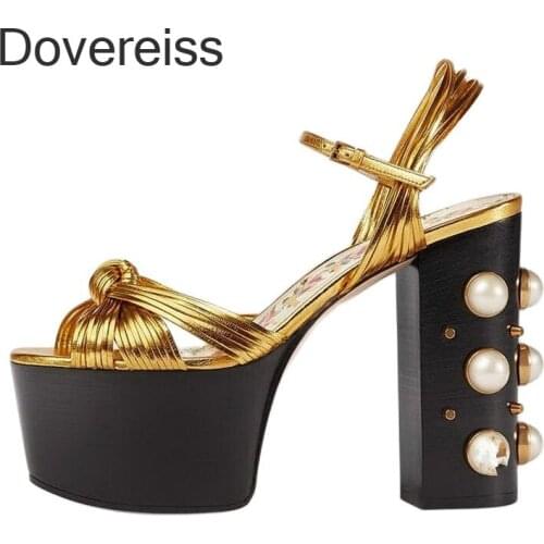 Dovereiss Fashion Summer Womens Shoes Elegant Pearl Chunky Heels Gold Waterproof Sandales Sexy Consice Party Shoes 42 43