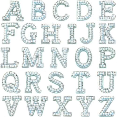 1Pcs Patch Pearl Rhinestone Letter Patches Blue Bottom English Letter Patches Applique For Clothing Sew on Patch DIY Name Stripe