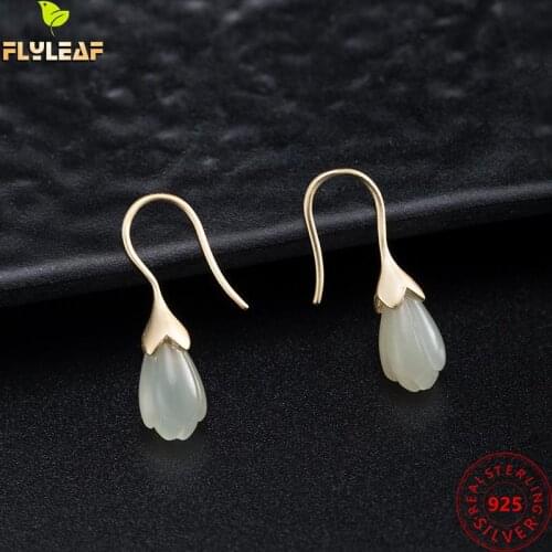 18k Gold White Jade Magnolia Flower Drop Earrings For Women 925 Sterling Silver Ethnic Style Handmade Female Vintage Jewelry