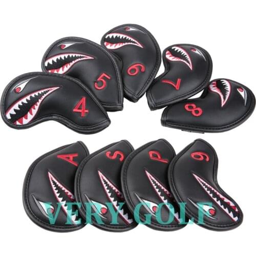 9pcs/set Black PU Leather with Shark Embroidery Golf Club Iron Head Cover Golf Iron Headcover Set 4,5,6,7,8,9,P,S,A