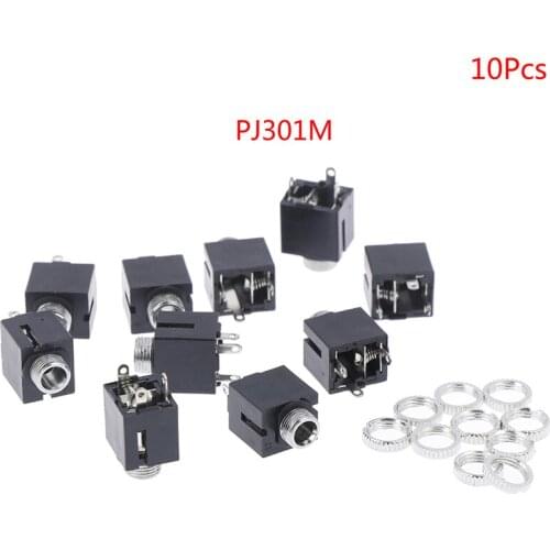 Good Quality 10Pcs PJ301M Female Audio Connector 3 Pin DIP Stereo Headphone Connector With Nut