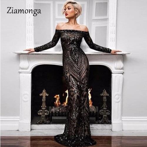 Ziamonga Elegant Slash Neck Sequined Maxi Dress Off The Shoulder Mesh Sequin Long Dress Floor Length Party Dress Gowns