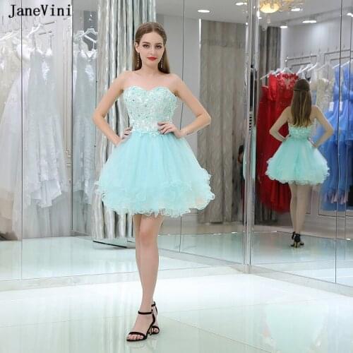 JaneVini 2018 Elegant Short Bridesmaid Dresses Sweetheart Lace Appliques Beaded Backless A Line Mini Tulle Homecoming Prom Dress