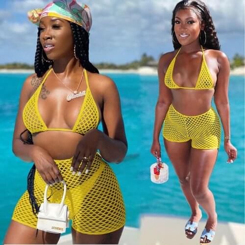 TNNAOFF Sexy mesh 3 Piece Bathing Women Summer Outfits Halter Breast wrap Thong Biker Shorts Beachwear Matching Sets Swimsuit