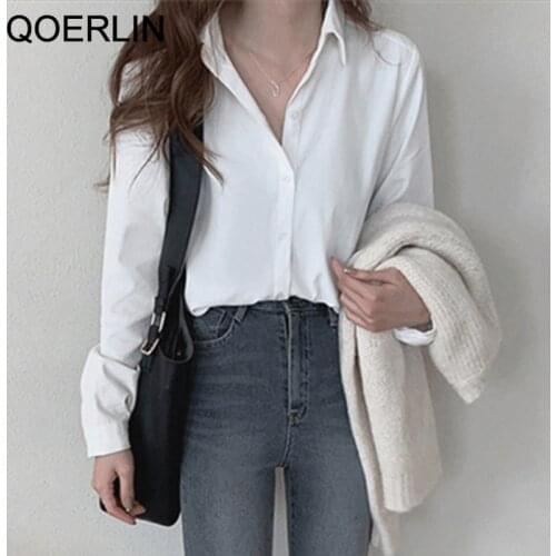QOERLIN Korean Cotton Shirts Office Ladies 2021 New Full Sleeve Single-Breasted White Shirt Female Button Up Blusa Mujer S-XL
