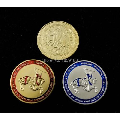 Masonic Coin Knights Templar Holy Sword Cross coin Crusader Mason Gold Plated Red&blue souvenir Commemorative coin 2pcs/lot