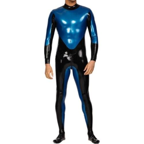 Back zipper to navel design mens long sleeve Metallic blue Fetish latex catsuit(No socks) with black trims