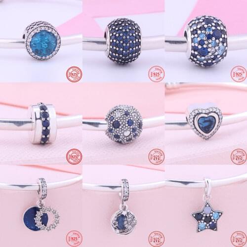 New 925 Sterling Silver Blue Series Charm Star Moon Big Zircon Sparkling Beads Fit Original Pandora Charms Bracelets DIY Jewelry