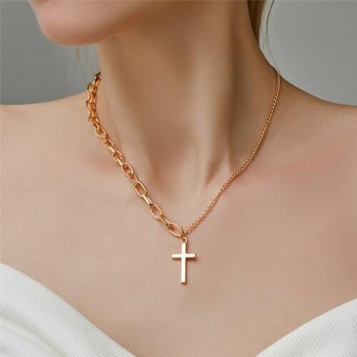 ORZTOON Fashion Simple Cross Pendant Necklaces for Women Creative Asymmetry Gold Color Chain Necklace Trendy Female Jewelry 2021