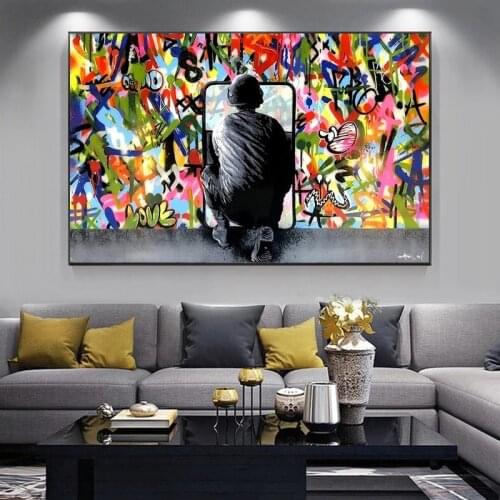 Posters and Canvases Behind Graffiti Creative Curtains Street Wall Art Canvas Pictures Living Room Home Decoration(customizable)