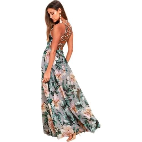 Holiday Storm Semia Sexy Open Back Cross Lace Up Skirt Print Long Dress