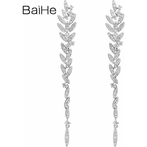 BAIHE Solid 14K White Gold Long Beautiful Leaf Diamond Earrings Fine Jewelry Leaves Stud Earrings For Women Fine Jewelry серьги