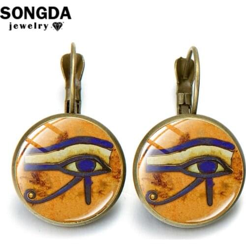 SONGDA Charm Ancient Egypt Eye Of Horus Earrings Bronze Plated Egyptian Amulet Symbol Glass Round Art Photo Earrings Accessories