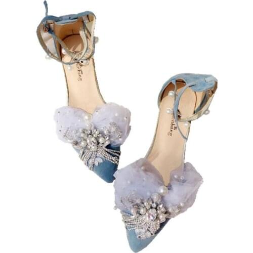 Blue pointed shallow shoes womens sandals cross long straps Roman shoes Princess Kawaii Girl Women Shoes Victoria cos lolita