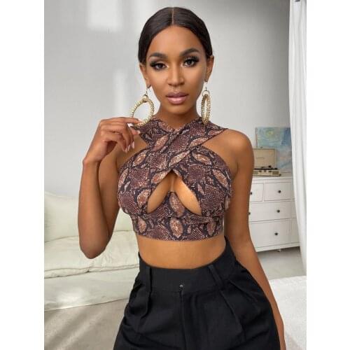 Puloru Sexy Cutout Cross Halter Crop Tops Floral / Serpentine Print Tank Tops Summer Women’s Vest Fashion Slim Backless Tube Top