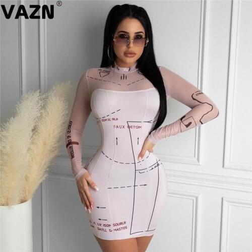 VAZN New 2020 High-neck Letter See Through Office Lady Party Night Shinny Bandage Dress Full Sleeve Sheath Dresses
