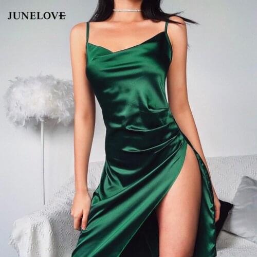 JuneLove New Fashion Spaghetti Strap Women Dress Sexy V-neck High Split Satin Party Dress Elegant Wrap Dress Vintage Vestidos
