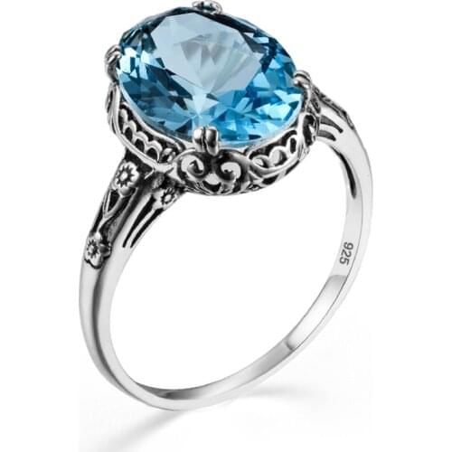 Szjinao Unique Silver 925 Ring For Women VVS Clear Gemstones Aquamarine Rings Vintage Oval Shape Handmade Design Fine Jewelry