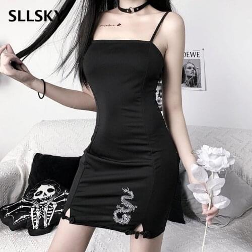 SLLSKY Spaghetti Strap Women Dress Dragon Embroidery Hem Slit Sexy Chinese Style Lady Sleeveless Summer Black Sling Mini Dress