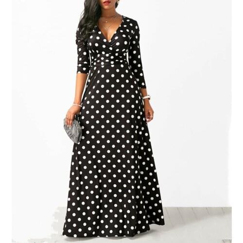 Women Polka Dot Long Sleeve Boho Dress Elegant Vintage Women Dresses Evening Party V Neck Maxi Long Dress Fashion Ladies Dresses