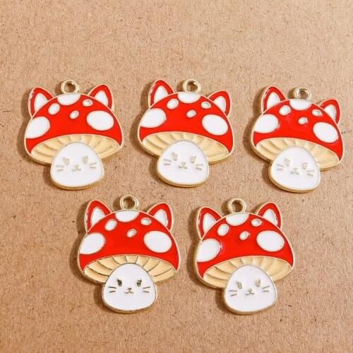 10pcs 22*25mm Cute Alloy Enamel Mushroom Cat Charms Pendants for Jewelry Making Necklaces Earrings DIY Handmade Jewelry Crafts
