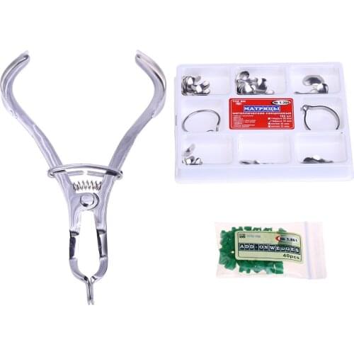 100pcs Dental Matrix Full kit Sectional Contoured Metal Matrices No.1.398 40pcs Silicone add- on Wedges Rubber Dental material