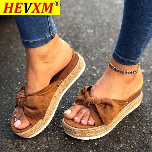 2021 Women Summer Sandals Mid Heels Sandals Plus Size Wedges Shoes Woman Sweet Bowties Slippers Sandalias Mujer Sapato Feminino