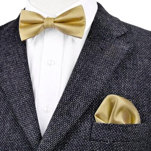 Free Shipping Solid Checked Gold Yellow Cream Mens Pre-tied Tuxedo Bow Tie Hanky 100% Silk Adjustable Wholesale Casual Wedding