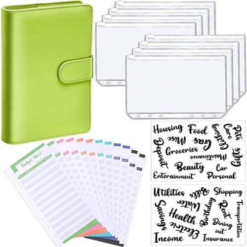 A6 PU Leather Notebook Binder Budget Planning Notepad 6 Ring Binder Covers, 8 Binder Pockets,for Bill Planning